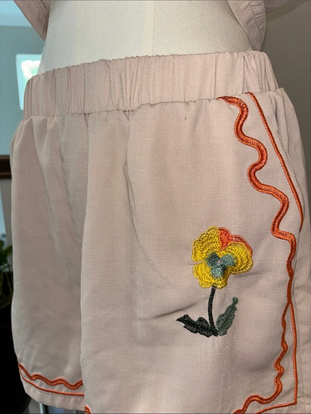 Embroidered Cream Sleeveless Two-Piece Set with Orange Trim